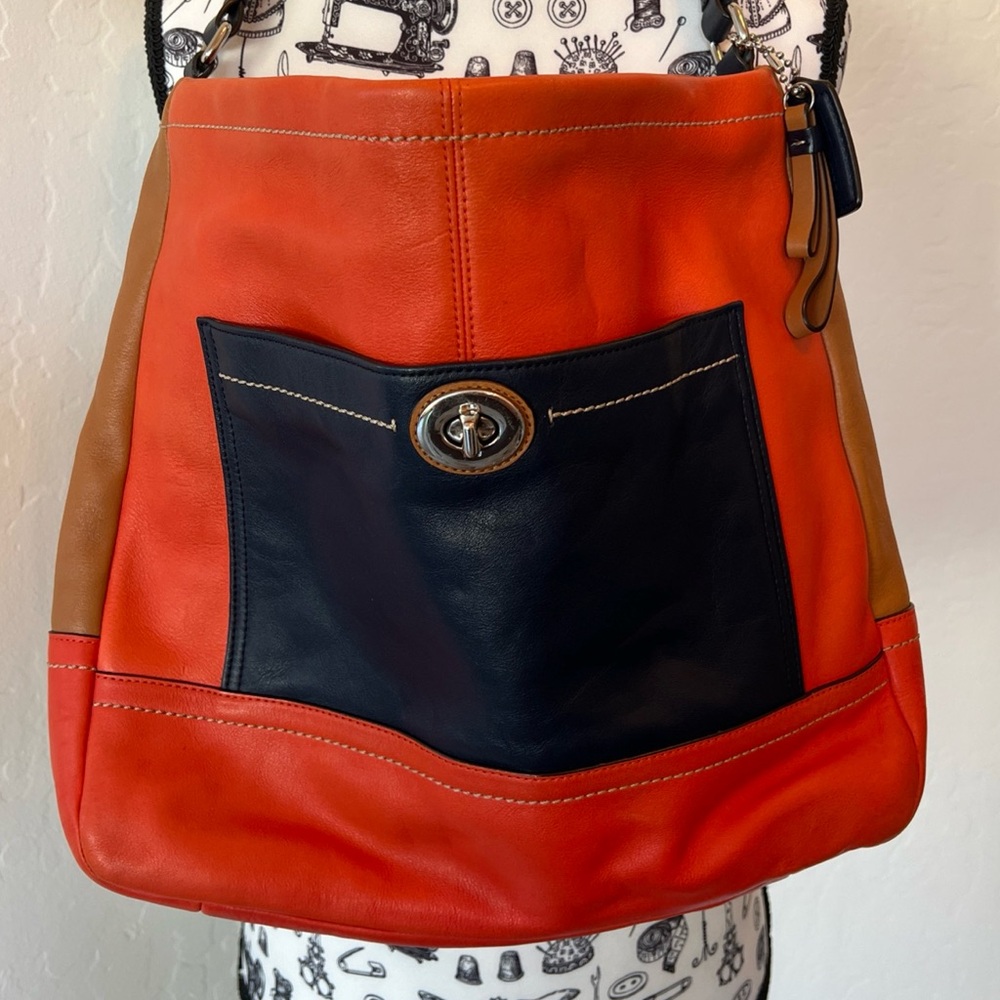 Coach Orange and Navy Leather Hobo Shoulder Bag F24369